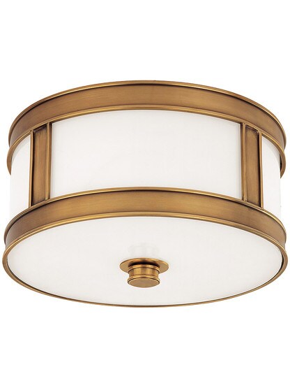 Patterson 10 inch Flush Ceiling Fixture In Aged Brass.